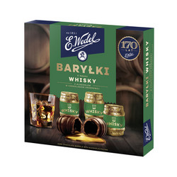 Продуктови Категории Шоколади E.Wedel  Шоколадови бъчви от тъмен шоколад пълни с уиски 200 гр